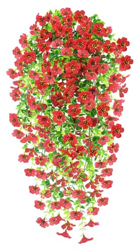 Epaing 2 Piezas Planta Artificial Colgante Flores Macetas Colgantes de Pared Plantas Artificial Enredaderas Artificiales Aecorativas de Interiores Patio Boda y Jardín(Rojo)