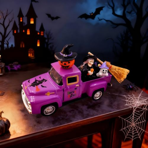 Decoración Halloween, Vintage Camión de Metal con Mini Decoración de Bruja Falsa, Calabaza de Resina, Caldero de Dulces, Escoba en Miniatura y Fantasmas para el hogar Centros de Mesa Fiesta Temática