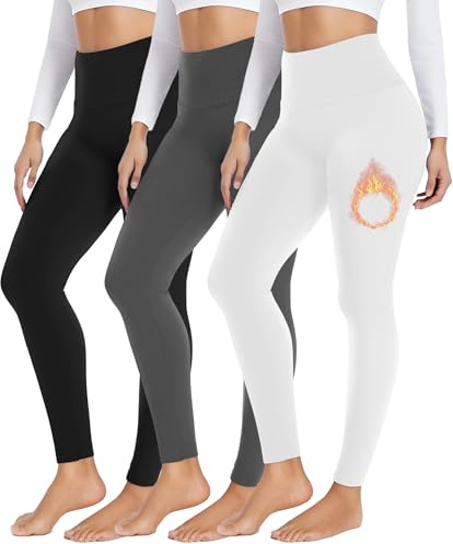 FULLSOFT 3 Pack Seamless Fleece Lined Leggings Women High Waisted Workout Winter Warm Thermal Yoga Pants(3 Pack Black,Dark Grey,White,Large-X-Large)