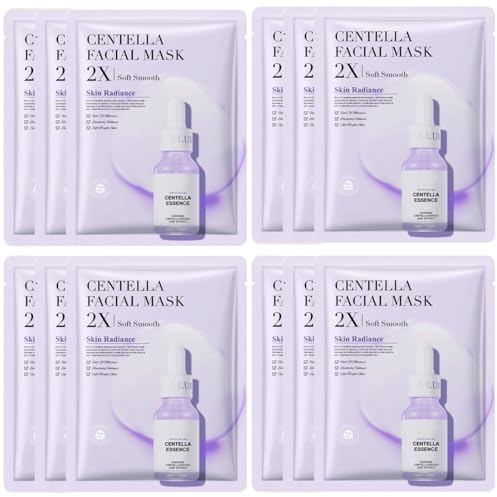 JORUN 12-Pack Centella Asiatica Återfuktande Ansiktsmasker - Koreanska Ansiktsmasker Återfuktande, Anti-Aging, Ljusare, Lugnande Ansiktsmasker Skönhet Hudvård - Vegansk för Alla Hudtyper