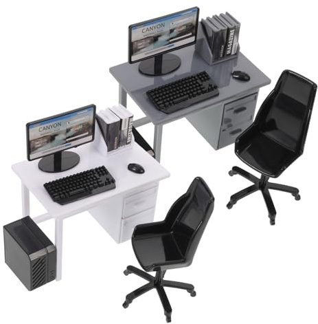 Kisangel 2 Sets Miniature Dollhouse Office Desk with Chair Mouse and Keyboard Gray White Mini Computer Room Scene for Interactive Play Creative Storytelling and Dollhouse Decoration