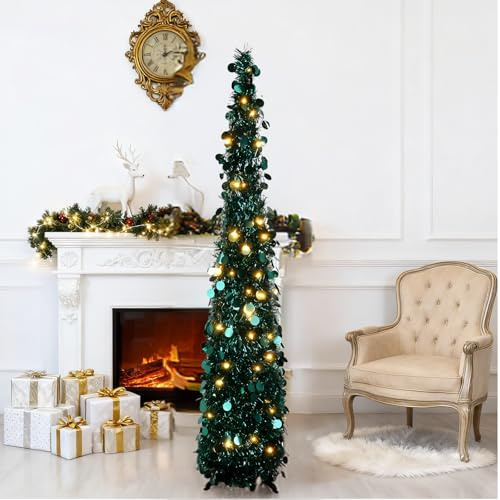 Albero di Natale pop up slim 150cm con paillettes blu-verdi – Albero di Natale artificiale pieghevole moderno per appartamenti, angoli, dormitori, uffici