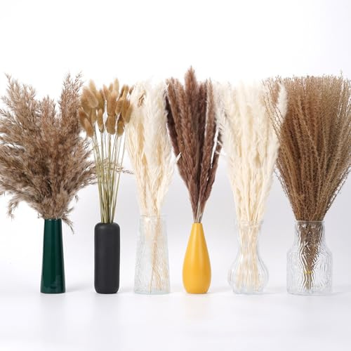 Juego de 110 piezas de hierba de la Pampa natural bohemia, decoración de mesa, flores secas de conejo, color marrón, blanco, hierba de las Pampas para bodas, fiestas rústicas y hierba de las pampas