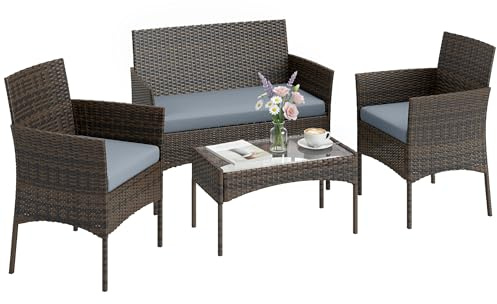 Outsunny Set di Mobili da Giardino in Rattan 4 Pezzi, Salotto da Esterno con Divano 2 Posti, 2 Poltrone, Tavolino da Caffè con Piano in Vetro e Cuscini Lavabili, Struttura in Acciaio, Grigio e Marrone