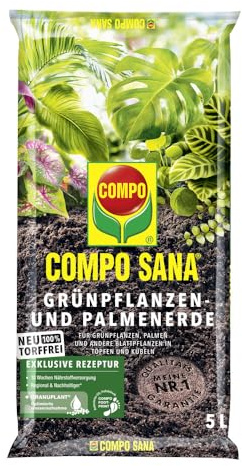 Compo SANA® - Tierra para plantas verdes y palmeras, sin turba, 5 L, tierra especial con fertilización inicial y copos respirables para plantas de habitaciones, balcones y terrazas, tierra verde de