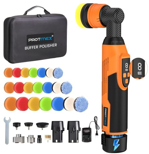 Protmex Mini Lucidatrice Auto a Batteria, Lucidatrice Mini da 1.2/1.6/2 Pollici, 8 Velocità, 2500-6000RPM, Lucidatura Rotativa e Orbitale, Batteria 12V 2.0Ah, Lucidatura Auto per il Detailing