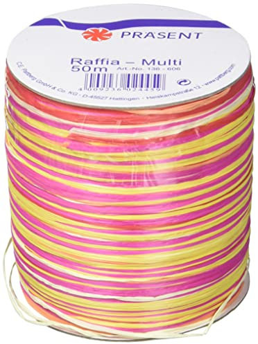Präsent C.E. Pattberg Raffia-Multicolour Bastband pink-gelb-rot, 50 m Geschenkband zum Einpacken, 5-strängiges Bastelband für Geschenke, Zubehör zum Dekorieren & Basteln