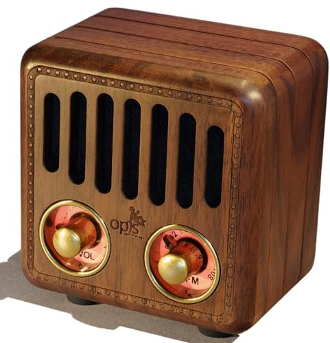 Opis Radio 2 – Petite Radio Portable Rechargeable, dotée de FM et Bluetooth, idéale pour la Maison et Le Chantier, au Style d'un Ancien Poste Radio en Bois (Merisier)