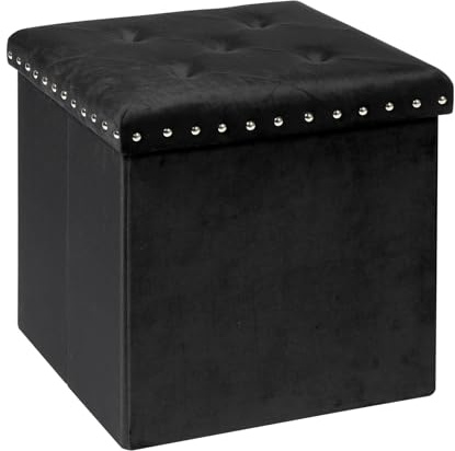 PINPLUS Black Folding Storage Ottoman Cube, Small Velvet Tuffed Foot Rest Stool with Rivet Design, Padded Seat for Living Room, Shoes Box Chest for Bedroom Vanity Area, 15.7inches