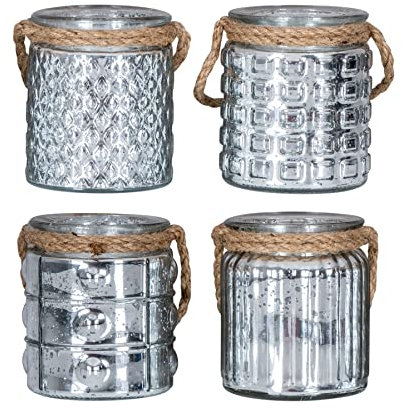 4er Set Windlicht H10cm Glas Silber Teelichthalter Tischdeko Kerzen Deko Retro Kerzenhalter Flachs
