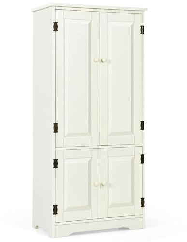 COSTWAY Mehrzweckschrank Vintage, Flurschrank mit verstellbarem Regal, Badschrank Wäscheschrank Holz, Aufbewahrungsschrank Landhausstil für Küche Wohnzimmer Schlafzimmer (Weiß)