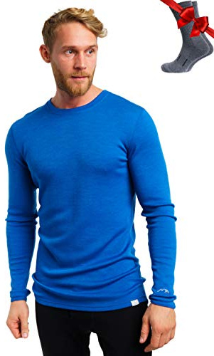 100% Merino Wool Base Layer Men - Long Sleeve Thermal Shirt + Hiking Socks (XXX-Large, 250 Cobalt Blue)