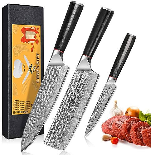 oFuun Set Coltelli da Cucina Professionali 20 Lame, 3 Pezzi Coltello Giapponese Damasco 67 Strati, Coltelli da Chef, Gyuto Santoku Nariki, Coltelli Universali Perverdure, Pesce, Carne, Frutta