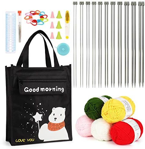 Aeelike Knitting Kit, Knitting Set with 11 Pairs of Metal Knitting Needles Set 25cm, Yarns and Knitting Tools, Beginners Knitting Kit for Adults, Kids Knitting Starter Kit with Cute Bear Tote Bag