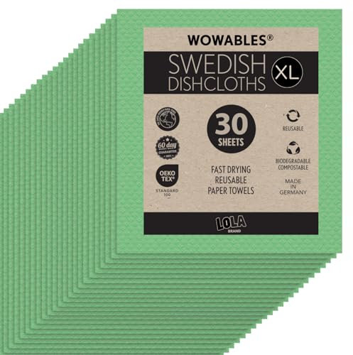Swedish Dishcloths for Kitchen XL, 30 Sheet Roll, Biodegradable & Compostable, Reusable Paper Towel Cleaning Cloths, 11 x 10, No Odor, Washing Dishes, Ultra Absorbent Cellulose Sponge Towel, By LOLA