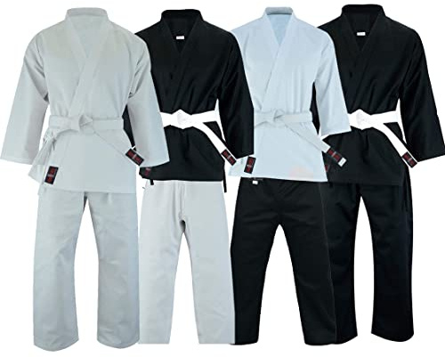 VADER Mixed Karate Suits White/Black Karate Gi for Kids/Adults Pollycotton Medium Weight Karate Uniform Club Training Competition Martial Arts Suit with Free White Belt (Black/White, 2/150cm)