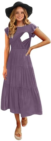 CzzzyL Womens Flutter Short Sleeve Smocked Tiered Nursing Dress for Breastfeeding