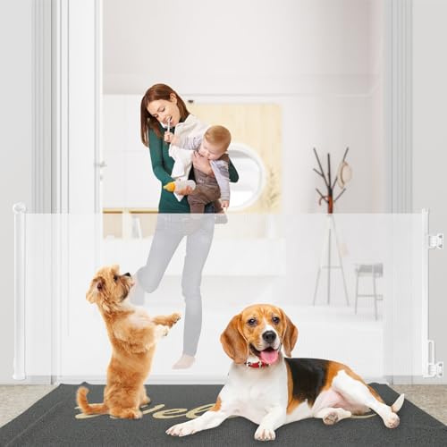Rainberg Retractable Stair Gate for Baby & Pet with Secure 2-Step Lock 180cm Wide & 80cm Tall, One Hand Operated Baby Gate, Child Safety Gate for Doorways Stairs, Hallways, Kitchen (White)