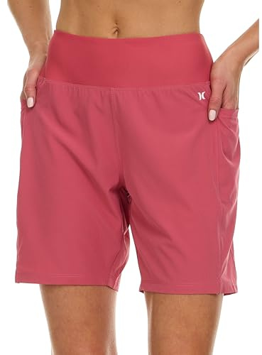 Hurley 5/7 High Waisted Swim Shorts Women, Board Shorts with Pockets & Inner Liner, Quick Dry Swim Trunk, UPF 50+ Cranberry