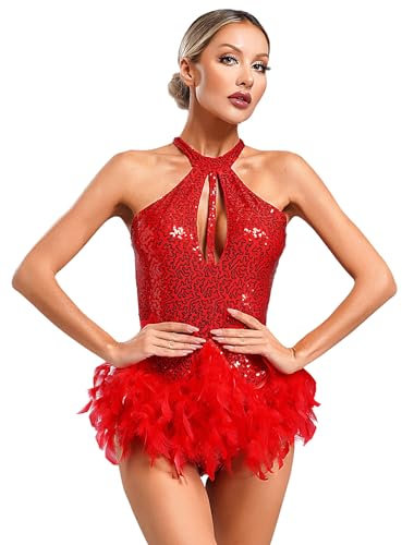 Xnihocha Body de baile con lentejuelas para mujer, sin mangas, disfraz de danza latina, sexy, espalda descubierta, traje de ballet cha-cha rumba, rojo, S