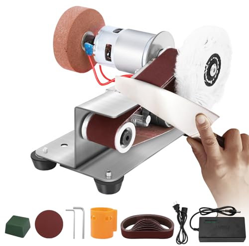 Yofuly Lijadora de Banda, Amoladora de Banda de 15 Grados Kit de Amoladora de Banda de Banco 7 Velocidades Multifuncional con 10pc Bandas de Lijado 1pc Muela Pulidora