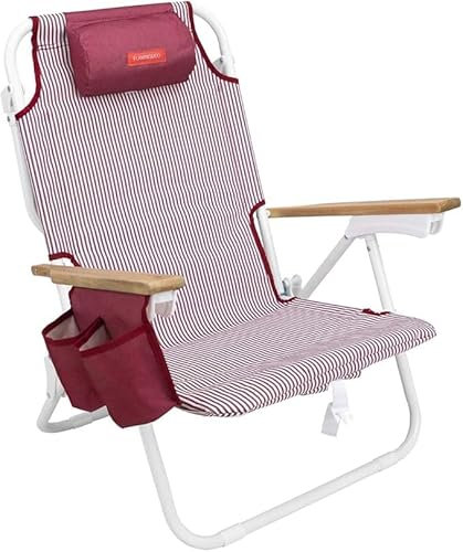 Flamingueo Strandstuhl, Gepolsterte Kopf- und Armlöcher, 5-Fach liegend, Fußstütze und Armlehnen Komfort, Tragegriffe Rucksack Einfacher Transport, 59 x 62,5 x 77,5 cm