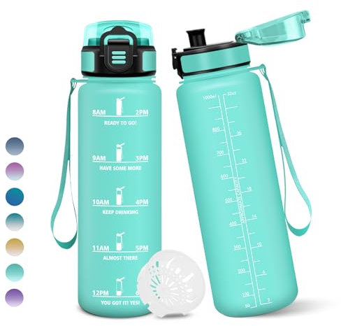 Gourde, 1000ML Sans BPA, Gourde sport, Avec Horodatage, Bouteille, Conception de Verrouillage Anti-Fuite, Bouteille Plastique pour bureau, En cours d'exécution, Escalader Des Montagnes - Bleu&vert