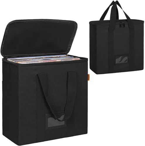 OUUTMEE Vinyl-Schallplatten-Aufbewahrungsbox mit Reißverschlüsse, Klappbare Plattenkoffer für LP-Schallplatten-Aufbewahrung,für 12 Schallplatten, Hält bis zu 30+ einzelne Schallplatten, Klein