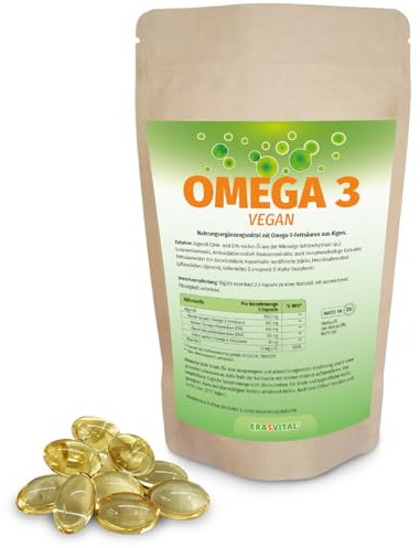 Omega 3 aus reines Algenöl Softgel Kapseln hochdosierte Fettsäuren 630 EPA und 210 DHA + Vitamin E pro Tagesdosis, Vegan