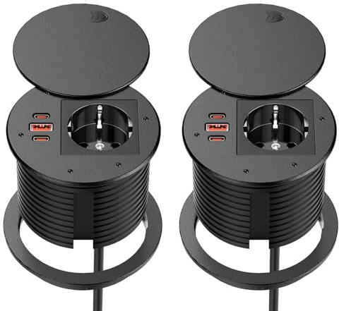 2-pack inbyggt uttag med USB-C PD35 W & USB-A 30 W, Sewingvr bordsuttag med lock, infällbart uttag med 3 USB, 1,8 m kabel, svart