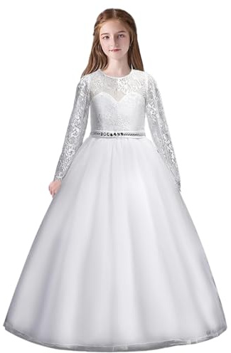 M MUNCASO Lace Long Sleeve Princess Dress, Flower Girls Lace Dresses, First Communion Pageant Dresses, Flower Girl Dress for Christmas, Party, Birthday, Carnival White
