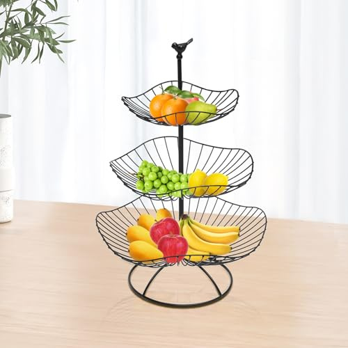 Frutero y cesta de verduras, soporte para frutas, frutas, verduras, soporte de almacenamiento de 3 niveles, metal negro, moderno almacenamiento de frutas para verduras, frutas, aperitivos, cesta de