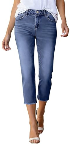 FlutVolt 3/4 längd caprijeans för kvinnor, sommar stretch jeans, hög midja smala jeans, 7/8 längd stretch capri, sommarbyxor med fickor, sliten rå fåll denim 3/4 längder jeans för kvinnor, Z #001 Bu1