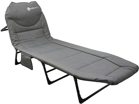 Eurocatch Cama Carp Plegable Gris - Respaldo Ajustable de 5 Posiciones - 4 Patas de Apoyo - Reposacabezas Acolchado - Bolsillo Lateral - Cama de Pesca de Carpas Compacta - 195x65x27 cm