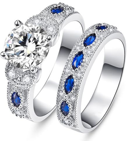 Bonlavie Womens 3.5ct Round Cubic Zirconia Marquise Blue Sapphire 925 Sterling Silver Engagement Ring Set size J 1/2-T 1/2