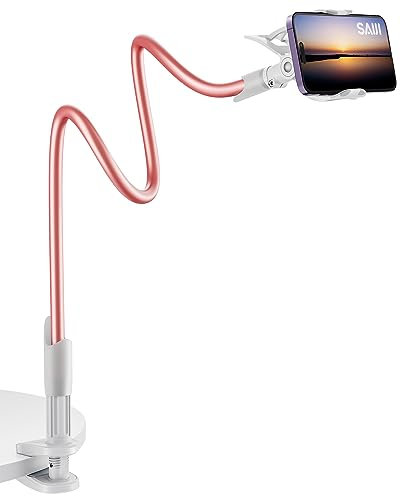 SAIJI Gooseneck Phone Holder for bed, Flexible Cell Phone Stand, Lazy Arm Phone Holder for girls, 360 Mobile Phones Mount Clamp Compatible with iPhone 15 14 13 Pro Xs, 4-7 Screen Devices (Rose Gold)