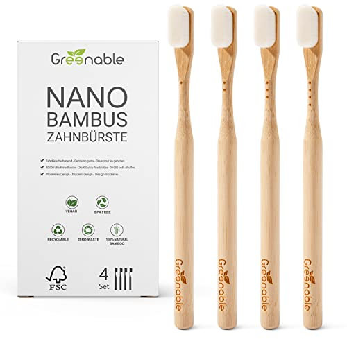 Greenable ® Nano Zahnbürste aus Bambus [4er Set] – 20.000 Extra weiche Borsten – 100% BPA-frei - Bamboo Toothbrush - Vegane & umweltfreundliche Bambus Zahnbürste (Weiß)