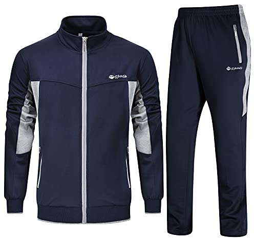 Rdruko Conjuntos de trajes de pista para hombre, chaqueta deportiva con cremallera completa en contraste, pantalones deportivos casuales con cordón, cintura elástica, Gris claro y azul marino, XL