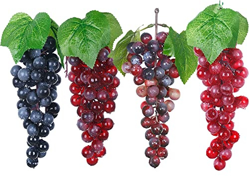 NA Woohome 4 Uva Artificiale Grappoli di Uva Artificiale Simulazione, Uva Artificiale Realistico, Uva Nera Artificiale, per Decorazione del Vino, Puntelli di Frutta Artificiali