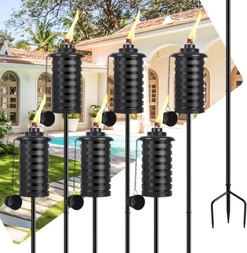 ZSZMFH 6 antorchas de metal para exteriores, 16 onzas, decoración de jardín, antorchas de citronela mejoradas de 59 pulgadas con estaca de 3 puntas, antorchas de mesa para fiesta, patio, camino