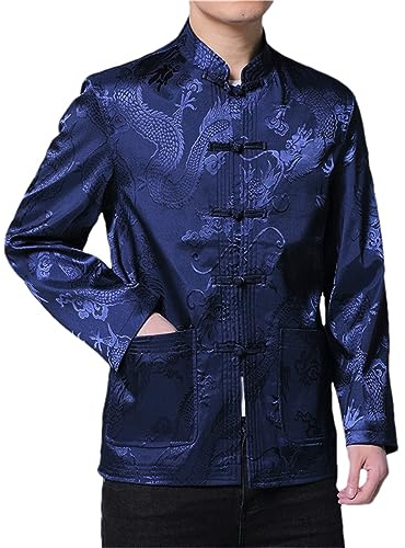 ZMIN Chinesische traditionelle Herren-Satin-Stehkragen-Drachen-Tang-Anzug-Kleidung aus Seide, Kung-Fu-Jackenmantel blue L