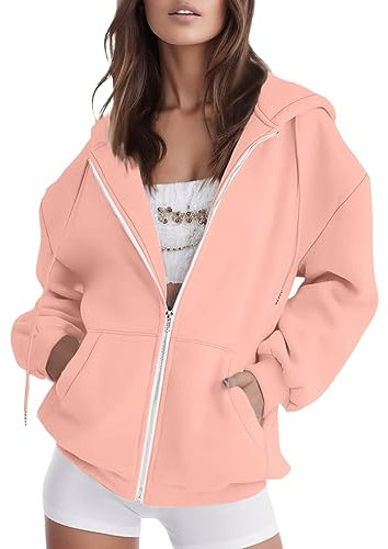 Winter Mantel Damen Frau Damen-Herbstjacke, übergroßes Taschen-Sweatshirt, lässige Kordelzug-Kleidung, Reißverschluss-Trainingsjacke, einfarbig, langärmelige Kapuzenoberteile Damen Sexy (Pink, L)