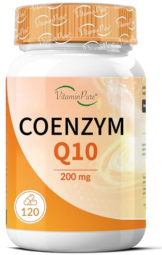 VitaminPure - Coenzym Q10 200mg, 120 Kapseln mit reinem hochdosiertem Ubichinon, natürlich fermentiertes Coq10 200mg, hohe Bioverfügbarkeit Coq10, Q10 Coenzym Supplement