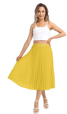 TEERFU Jupe plissée mi-longue d'été décontractée à taille élastique pour femme, jaune, XL