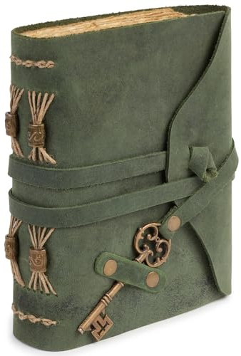 Diario vintage in pelle verde con chiave - Taccuino da viaggio vintage con carta di cotone - Taccuino diario compatto 18 x 13 cm, quaderno di cuoio ideale per viaggi, note e riflessioni personali