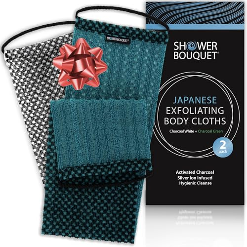 Japanese Exfoliating Washcloth for Back & Body 2-Pack - Charcoal & Silver Ion Exfoliating Towel with Handles - Two-Sided Gentle Exfoliation & Deep Cleanse Body Wash Cloths for Shower - 1 White 1 Green