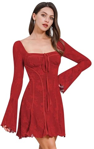 IBAKOM Vestido gótico para mujer, vestido de encaje, manga trompeta, vestido vintage, elegante, vestido de invitado de boda, minivestido de línea A, vestido de cóctel, vestido de noche, corto, vestido
