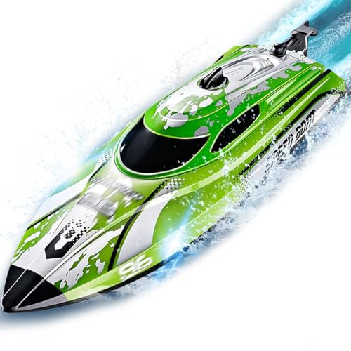 Ferngesteuertes Boot ab 6 8 Jahre, 25KM/H RC Boot mit LED-Licht, 2.4GHz Einstellbar Speedboot, 2 Batterien für 40 Minuten Spielzeit, Speedboot Ferngesteuert für Erwachsene und Kinder (Grün)