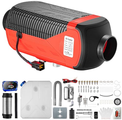 HALOYWB Chauffage Stationnaire, Chauffage Diesel 5 KW 12 V/24 V, écran LCD, Chauffage à air Diesel, télécommande, Faible consommation pour Voiture, camionnette, Voiture, Camion, Bateau, Bus (Rouge)