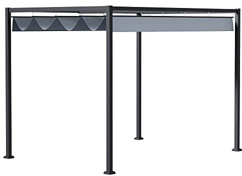Outsunny Pérgola 4x3 m Cenador de Jardín Pabellón de Diseño Elegante con Techo Retráctil de Poliéster con Recubrimiento Resistente Anti-UV Impermeable para Celebraciones Fiestas Bodas Gris Oscuro